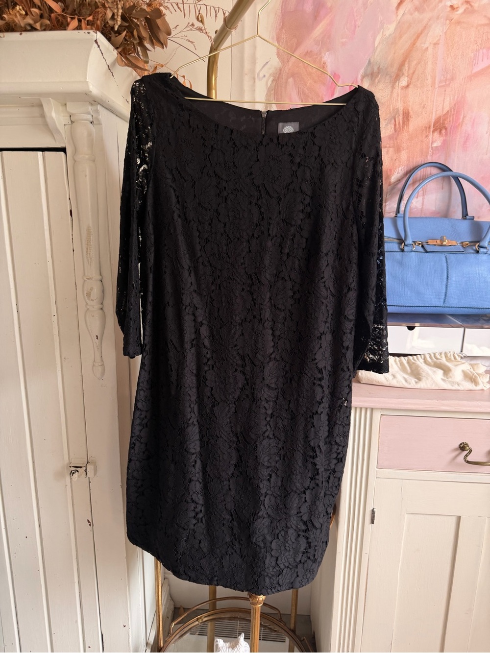 Vince Camuto Black Lace Long Sleeve Shift Dress